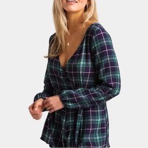 Francesca’s Tartan Plaid Romper Size: S Navy and Green tartan plaid V-neck NWT